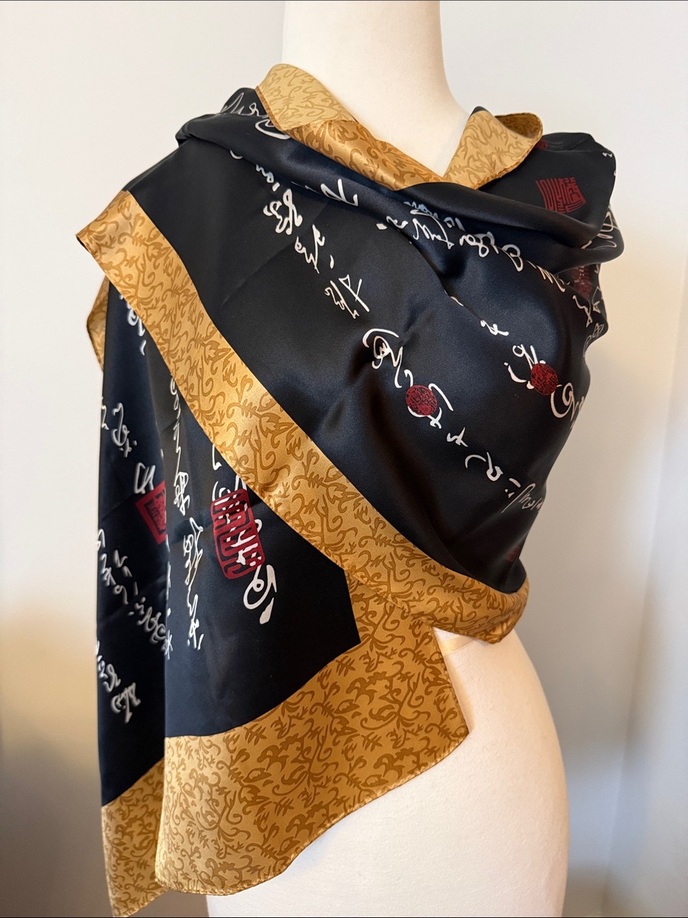 Long Chinese Calligraphy Scarf Wrap Black Gold Size 67x21